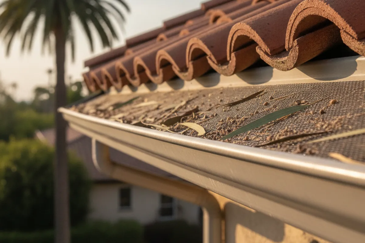 Close-up of a micro-mesh gutter guard installed on aluminum gutters on a San Diego home with palm trees nearby