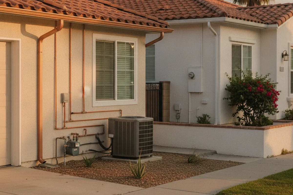 A San Diego home with aged copper gutters showing natural green patina alongside a neighboring home with painted aluminum gutters