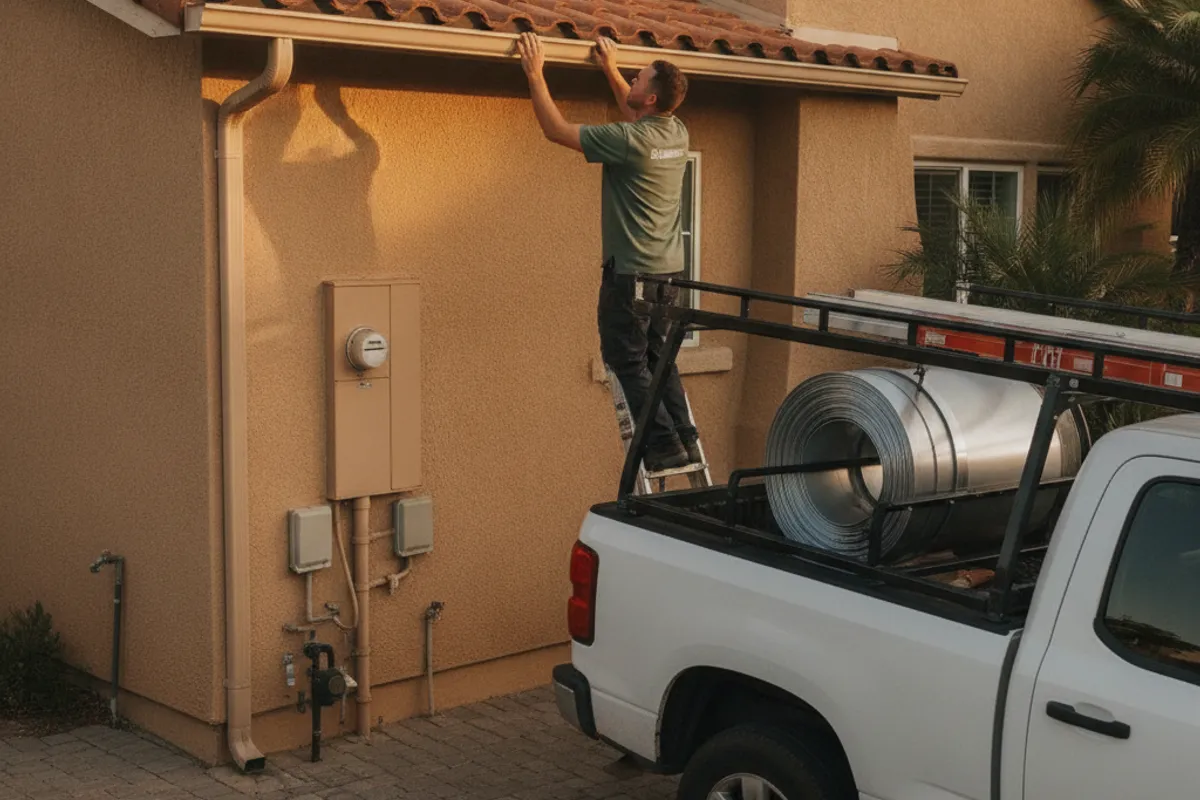 A contractor installing aluminum seamless gutters on a single-story San Diego home