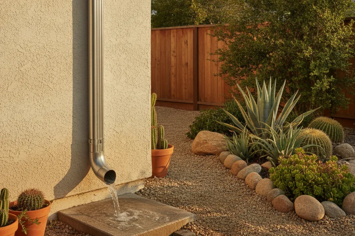 A downspout with a splash block directing water away from a home's foundation in a San Diego backyard