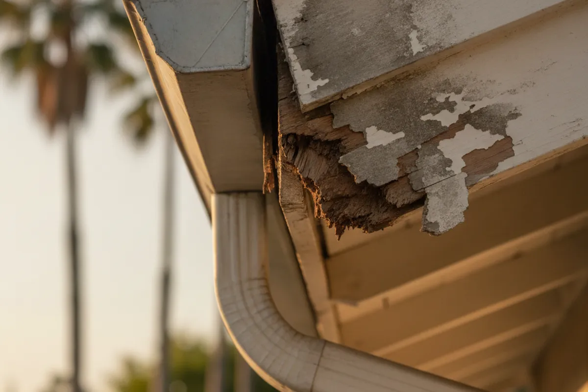 Peeling paint and wood rot visible on the fascia board behind a failing gutter on a San Diego home