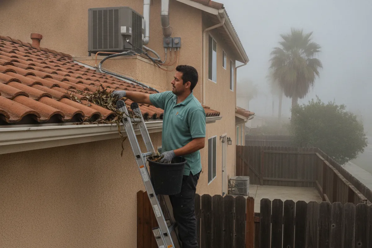 A contractor removing wet eucalyptus debris from gutters on a San Diego home during the winter rainy season