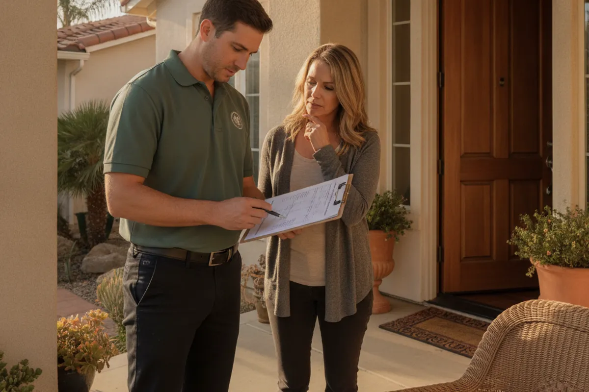 A gutter installer reviewing a gutter installation quote with a San Diego homeowner on their front porch
