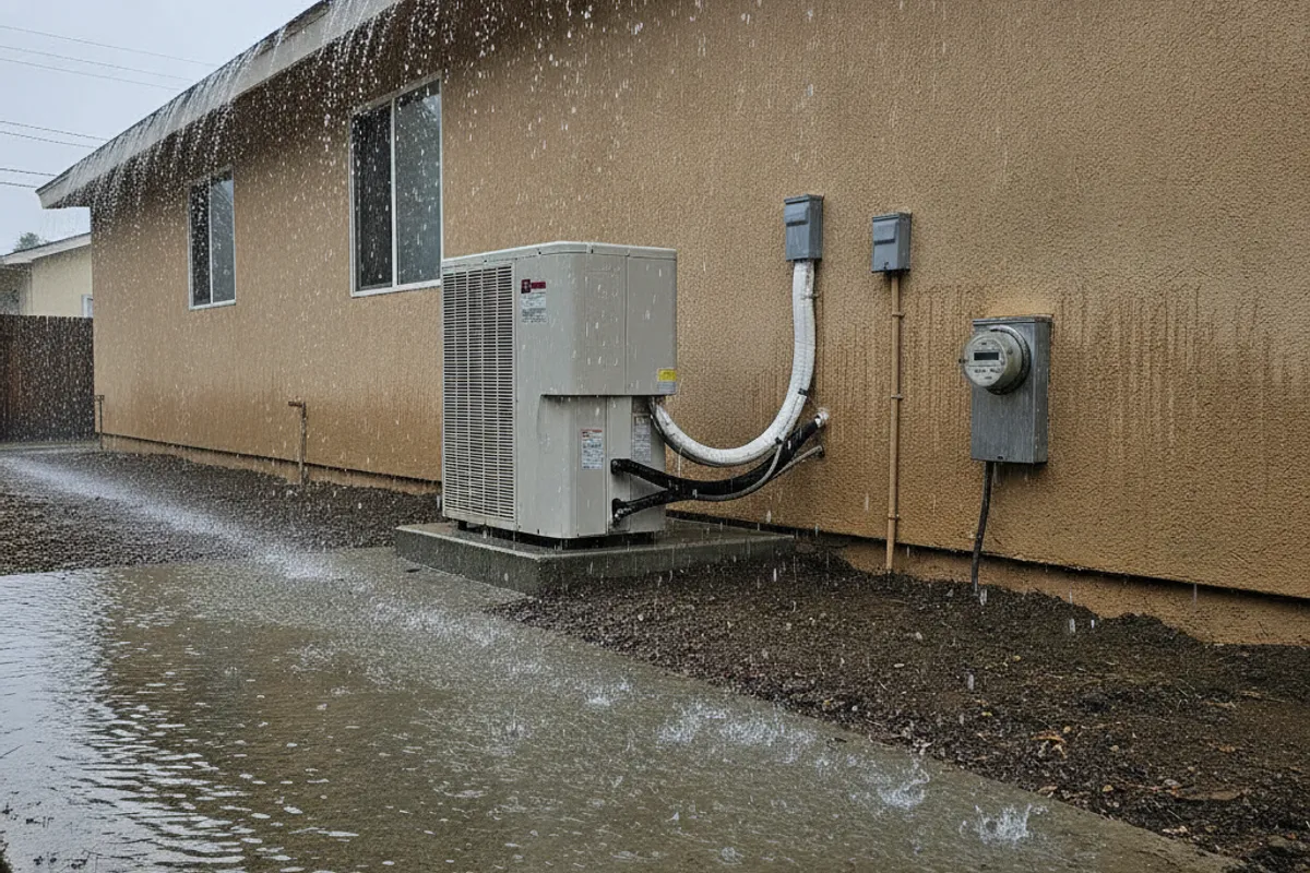 Water pooling against a concrete foundation slab after rain on a San Diego home without functional gutters