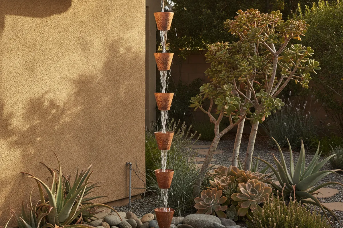 A decorative copper rain chain guiding water from a gutter outlet into a stone basin in a San Diego courtyard garden