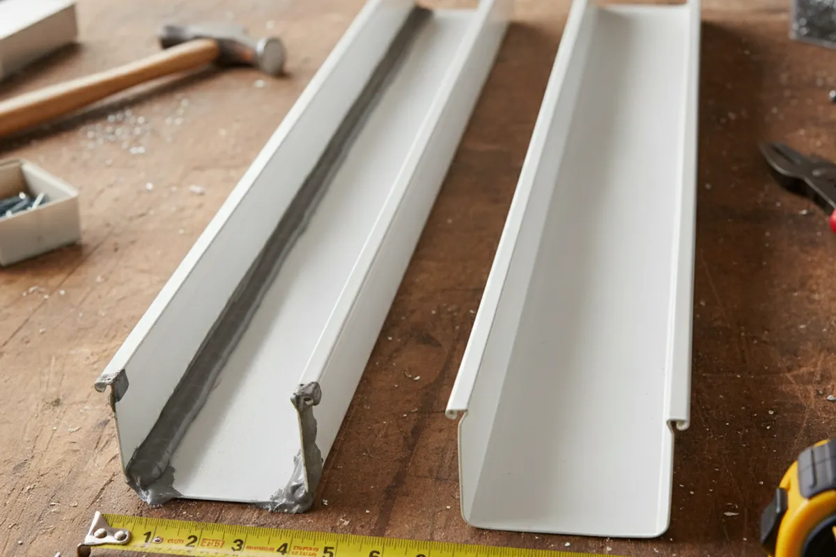 Side-by-side view of a sectional gutter with visible seam joints next to a continuous seamless gutter run on a San Diego home