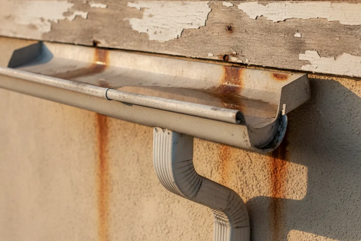 Sagging and pulling gutters with visible rust stains on a San Diego home showing signs of age and failure