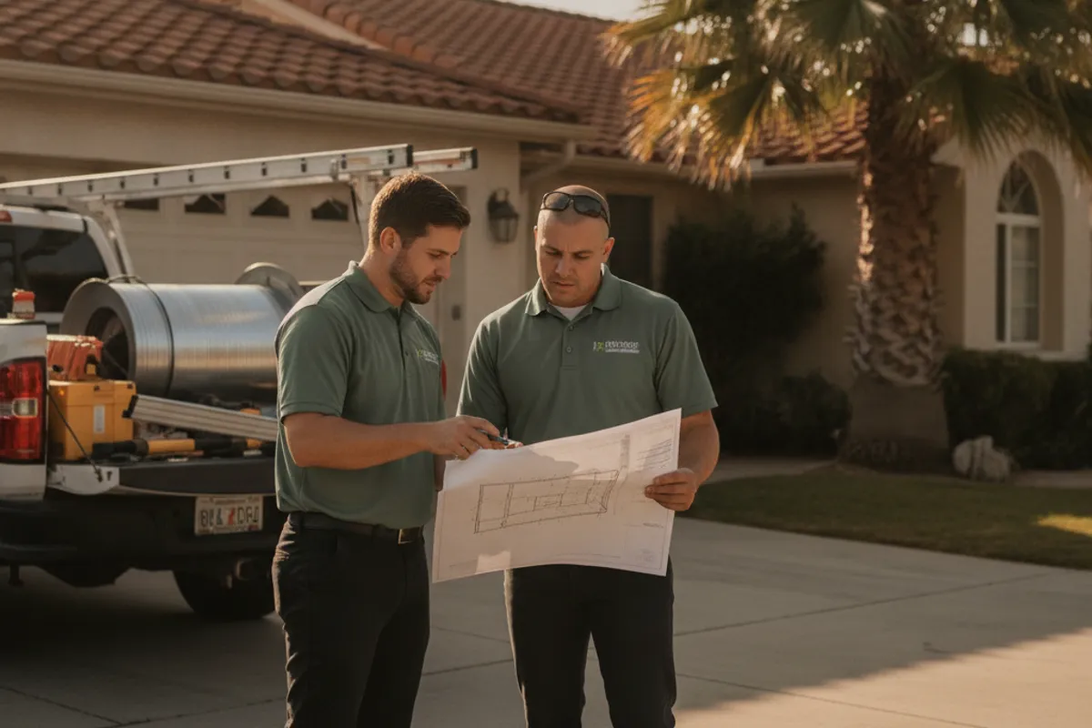 Homeowner and an installer reviewing gutter options next to a San Diego home with a coil of aluminum on the truck.