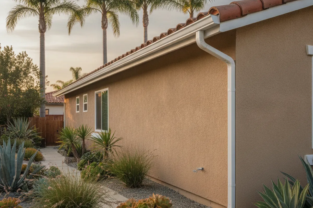 Installer hanging a new seamless aluminum gutter along the fascia of a San Diego single-story home.