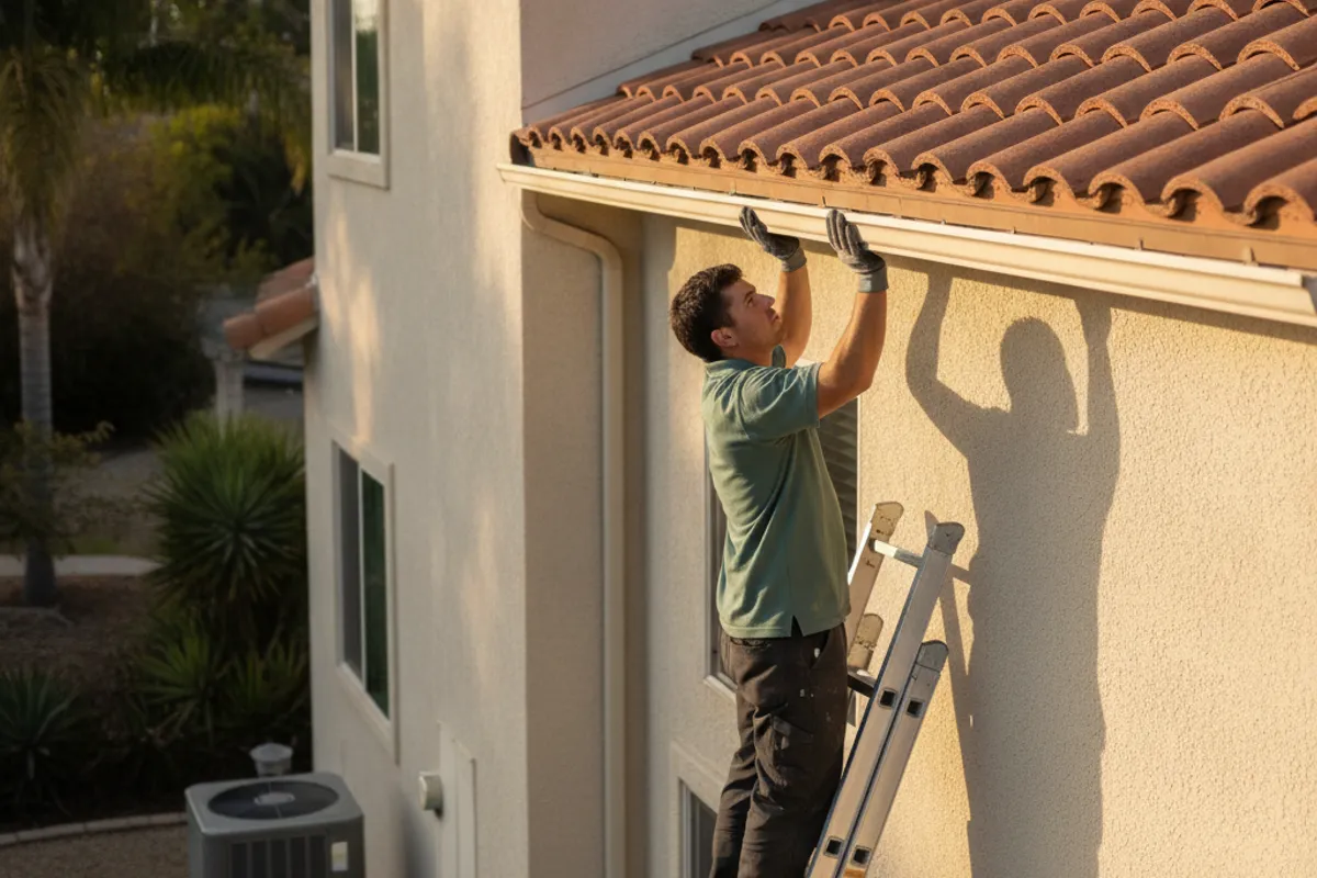 Row of new seamless aluminum gutters and downspouts installed across the front of a San Diego single-story home.