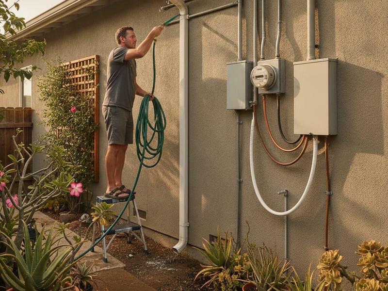 Homeowner flushing a downspout with a garden hose to clear a clog at a San Diego home