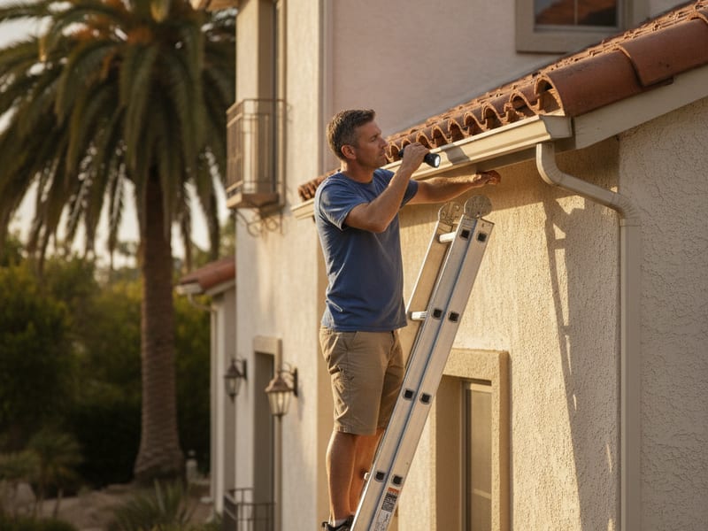 Homeowner on a ladder inspecting the inside of an aluminum gutter for debris and slope issues at a San Diego home
