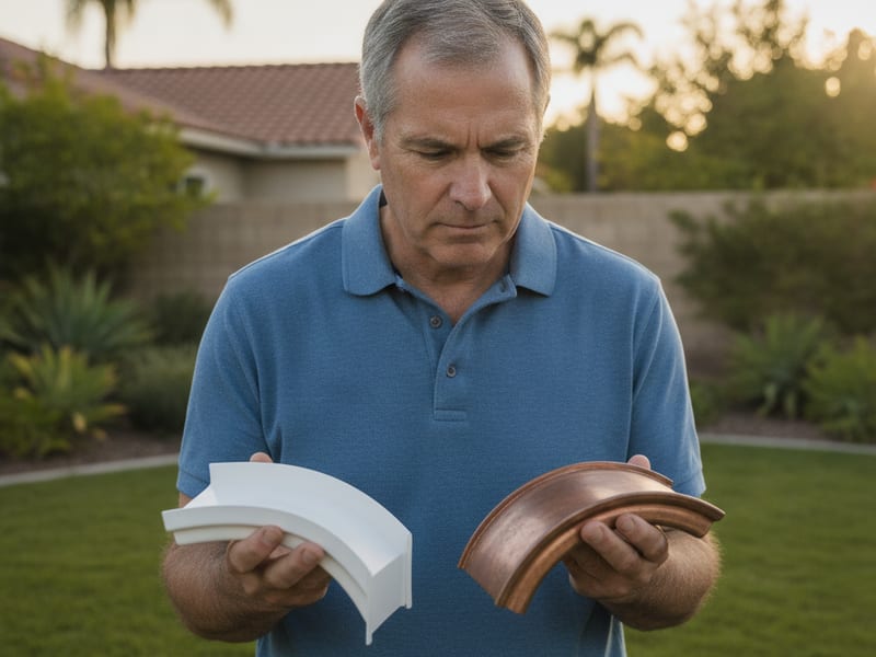 Homeowner comparing aluminum and copper gutter samples outdoors at a San Diego home