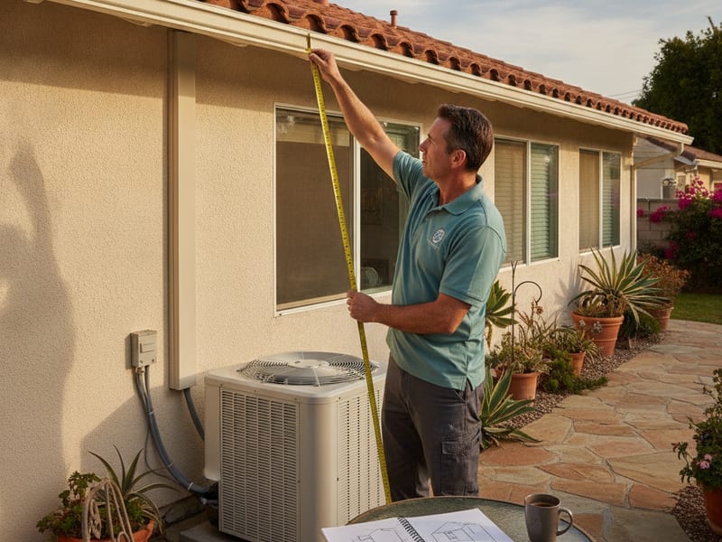 Homeowner measuring roofline length with a tape measure to plan gutter sizing on a San Diego home