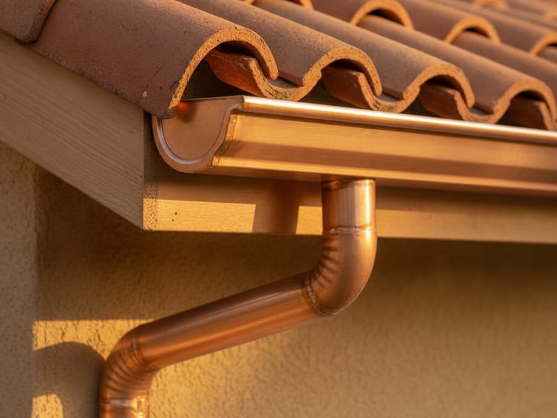 Soldered copper half-round gutter and round downspout on a custom San Diego home with a tile roof