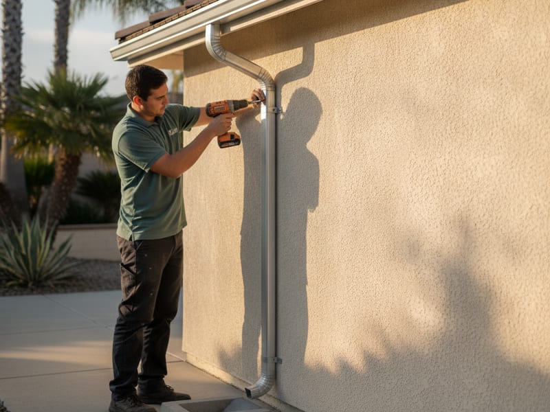 New rectangular downspout strapped to the exterior wall of a San Diego home with a splash block at the base