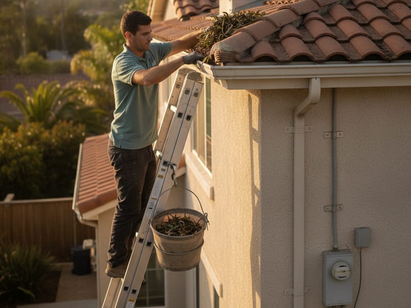 Worker scooping packed leaves and roof grit out of a gutter on a San Diego home before the rainy season
