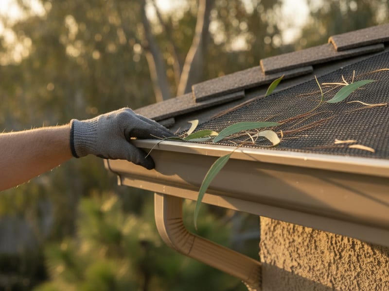 Close view of a micro-mesh gutter guard fitted over a K-style gutter on a San Diego home