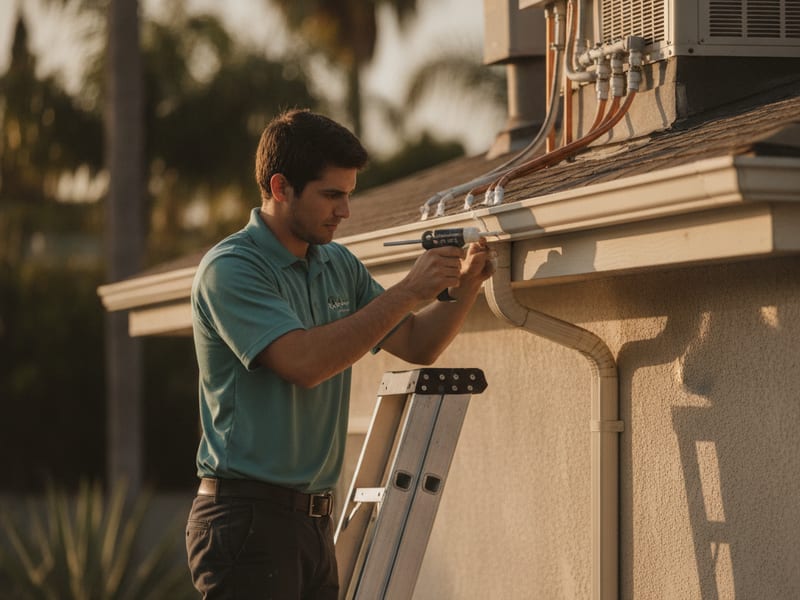 Installer resealing the seam of an aluminum gutter and refastening a hanger on a San Diego home