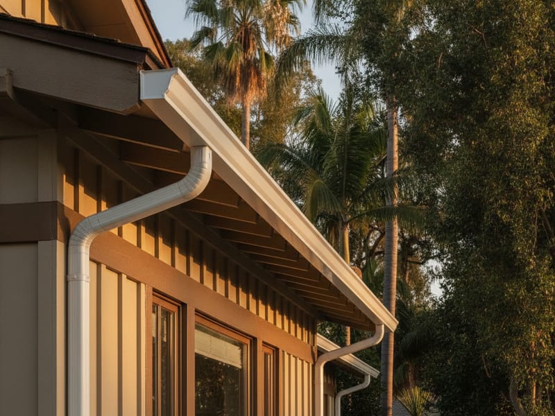 Half-round aluminum gutter with a round downspout on a Spanish-style San Diego home with a tile roof