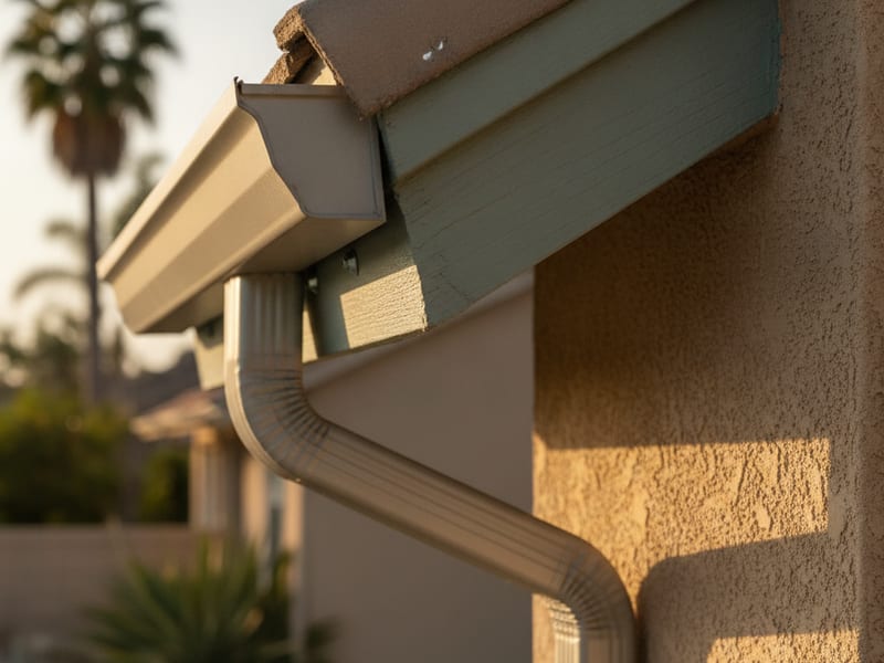 Flat-front K-style aluminum gutter running along the fascia of a single-story San Diego home