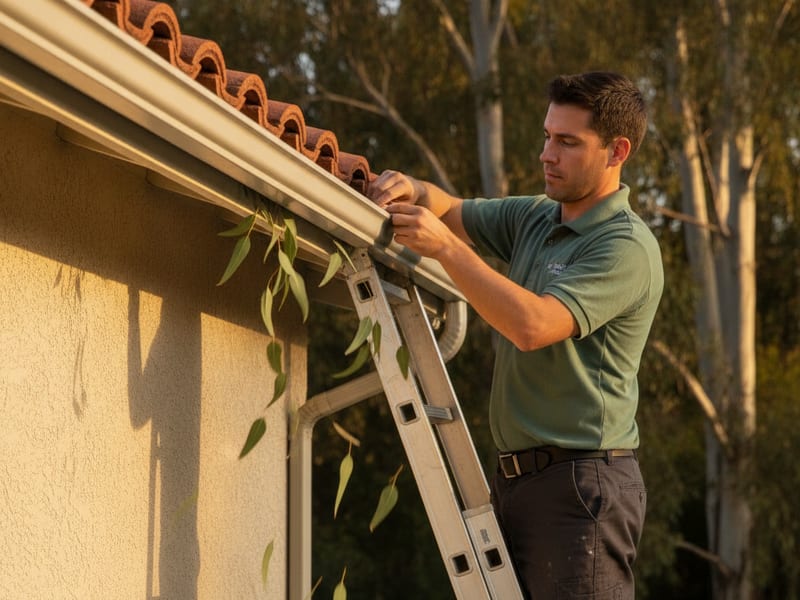 Reverse-curve leaf protection hood installed along the gutter line of a tree-shaded San Diego home