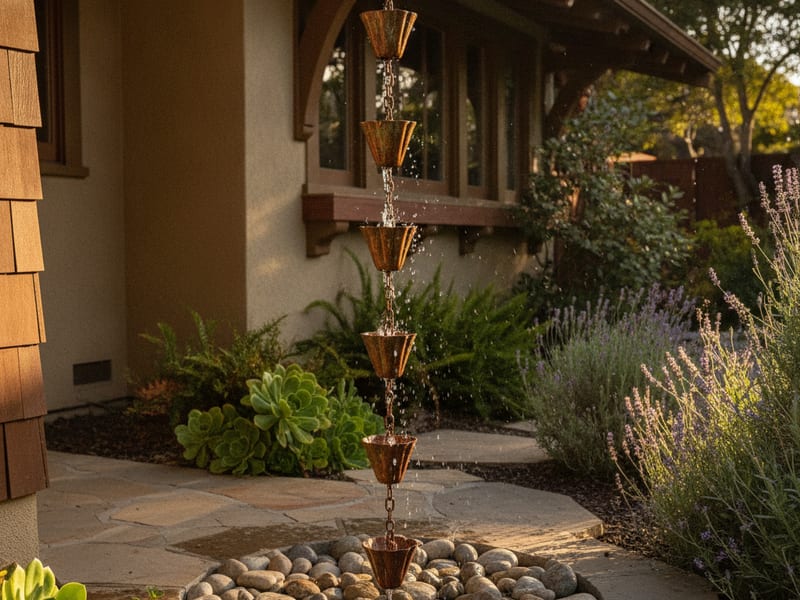 Copper cup rain chain guiding water from a gutter outlet to a stone basin in a San Diego courtyard