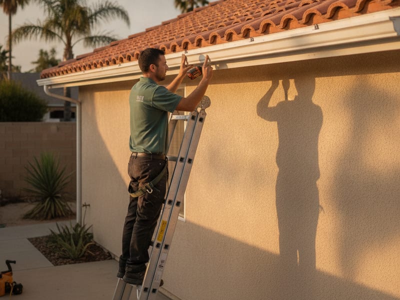 Installer feeding a continuous seamless aluminum gutter out of a forming machine on a San Diego driveway